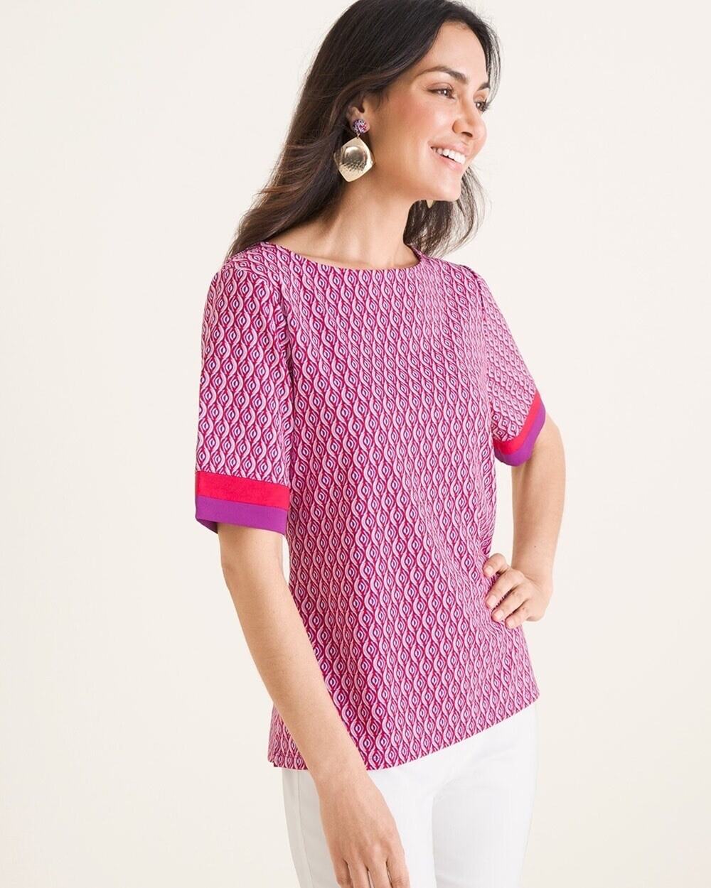 Chicos Size 2 Geometric Colorblock Trim Top Red Purple White US Size Large